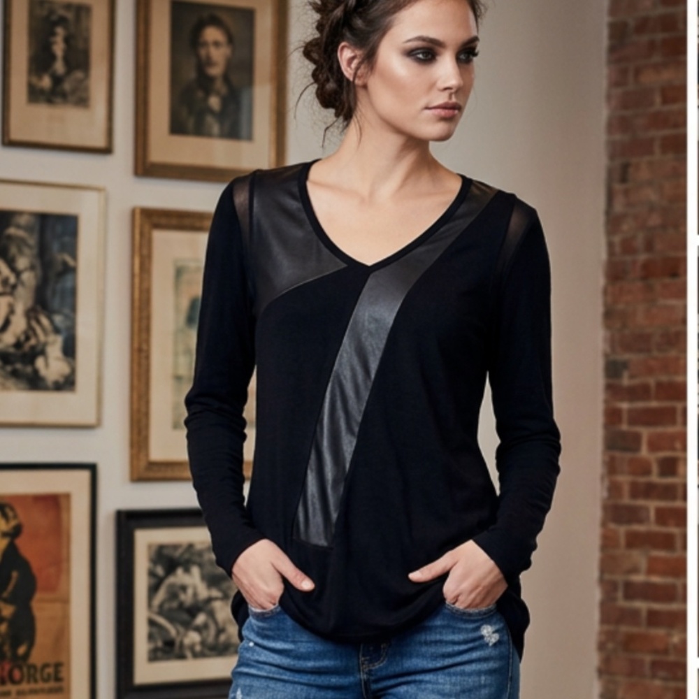 Brian Bailey Edgy Chic: Asymmetric Vegan Leather Mixed Media Tunic
